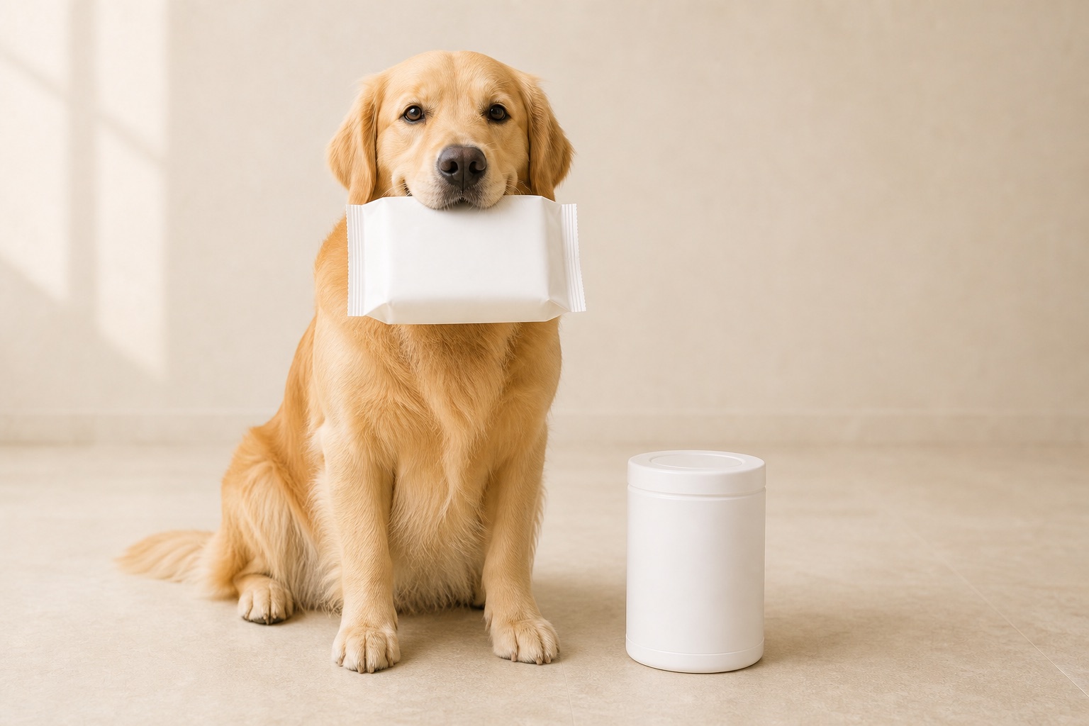Golden retriever con toallitas para mascotas en bolsa y bote