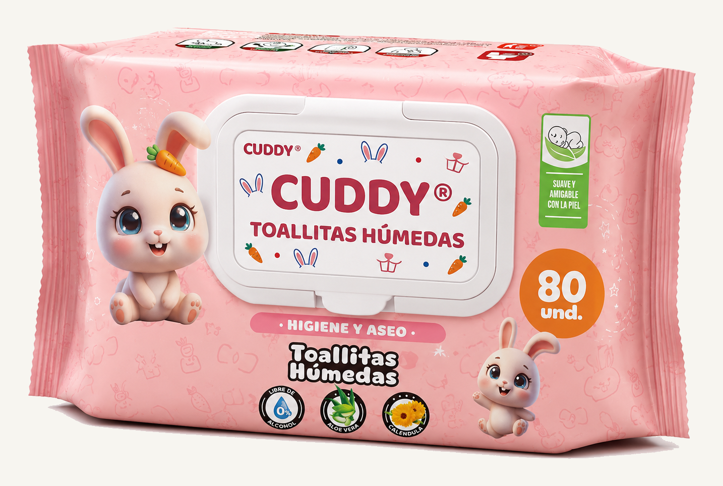 CUDDY 80 count wet wipes in the pink rabbit packaging design