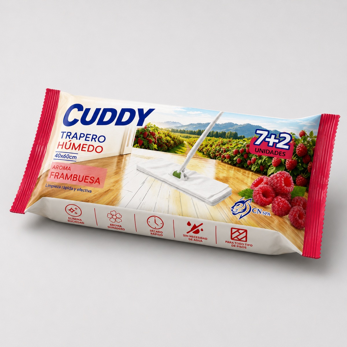 Vista inferior del paquete de traperos húmedos CUDDY aroma frambuesa